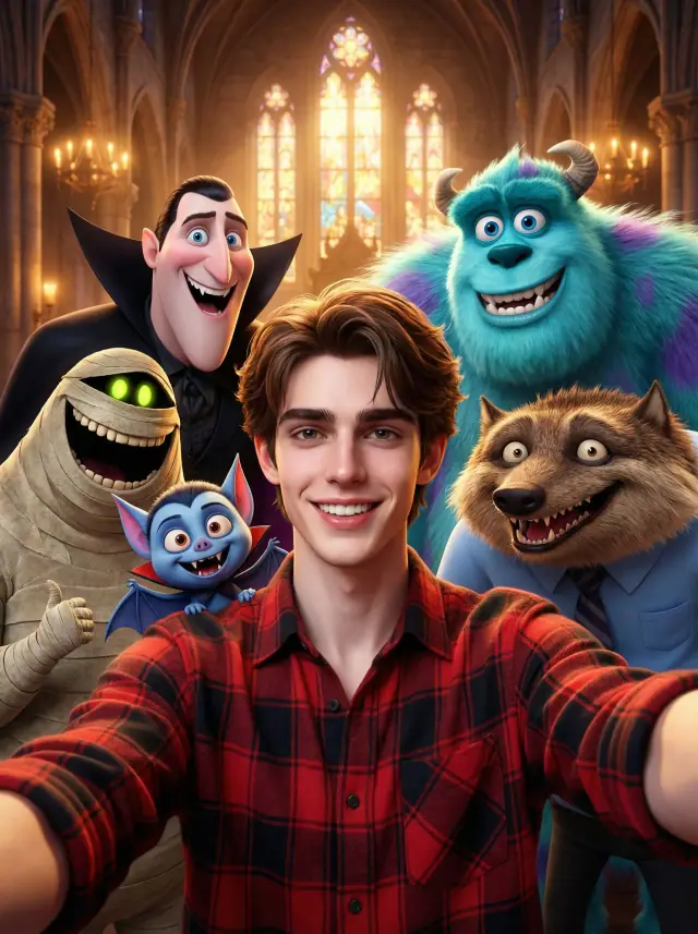 A selfie-style shot of a smiling young man with dark hair and a beard, wearing a red and black plaid shirt. He is surrounded by several animated movie monsters, including Count Dracula, a mummy, a large blue furry monster resembling Sulley from Monsters Inc., a werewolf, and a smaller blue vampire bat character. They are all smiling and posing for the selfie. The background is a grand hall with stained-glass windows and chandeliers, resembling a gothic castle or church interior. The lighting is warm and inviting.