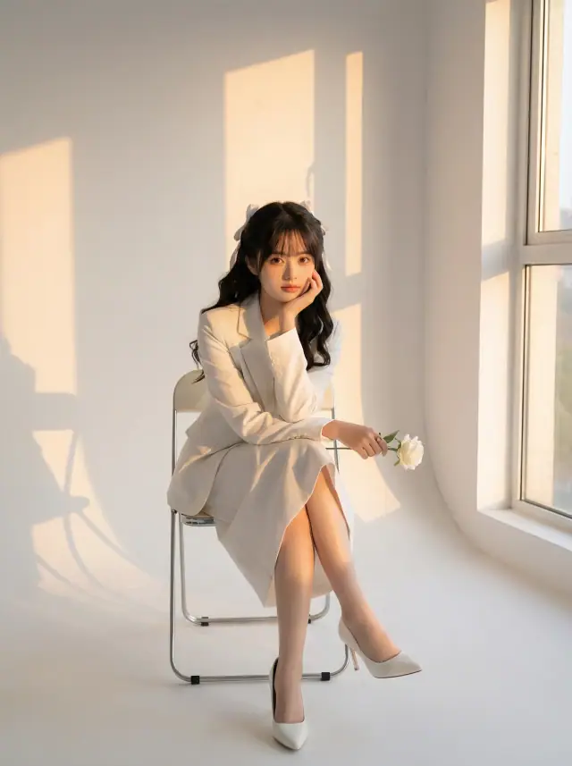 Please take a photo in the photo studio, using the female face from the attached photo.
The shooting angle is frontal, with a white studio background, and the female is sitting on a chair.
She was dressed in a full set of white attire: a white suit jacket, a white skirt, and white high heels.
She has an elegant posture, with her chin resting on her hand, and a small white rose in her hand.
The soft light of the setting sun shone through the windows, casting a warm glow on the walls of the photo studio.