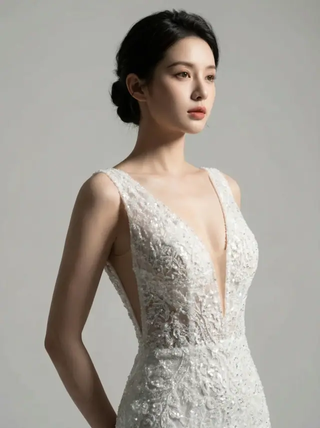 Ultra-detailed, photorealistic portrait of a beautiful woman, high fashion editorial, deep white plunging V-neck lace sequined evening gown, elegant low bun updo, soft studio lighting, light grey background, dramatic shadowplay, hyperrealistic, 8K