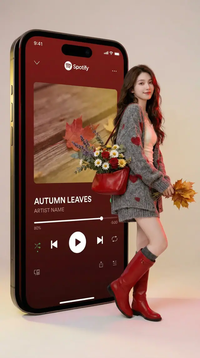 A realistic full-body portrait of a [ARTIST] in their signature style, positioned next to a giant vertical smartphone displaying a Spotify interface. The phone screen shows a music player interface featuring the song “[SONG]” with signature [COLOR] accent colors at approximately 80% opacity for a premium aesthetic effect.
The artist wears their characteristic outfit and styling. Their pose is confident and editorial, embodying the mood and energy of the song.
Technical specifications:
• Plain background with subtle [COLOR] lighting accents
• Soft studio lighting with colored gels in signature [COLOR] tones
• 35mm or 50mm lens, f/2.2, ISO 100-160, shutter speed 1/125
• Sharp focus on subject and phone interface
• Editorial style consistent with premium music platform campaigns