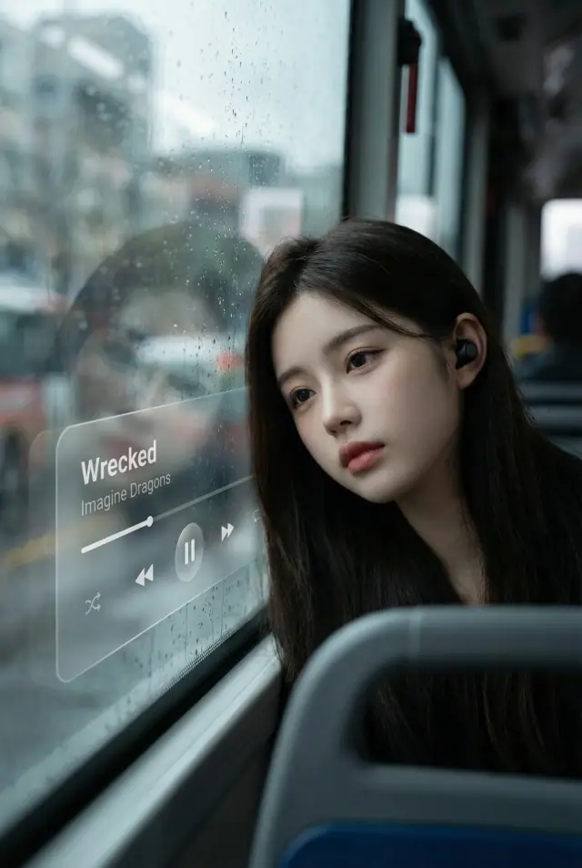 Create a new cinematic scene by placing the subject from the uploaded image into a completely different environment, using the uploaded image only as a reference for the subject's face, hair, and overall appearance. Do not reuse or reference the original background in any way.
The new setting is inside a bus, focused on a window that conveys a sad, troubled, and sorrowful atmosphere. The young man, whose appearance must remain consistent with the uploaded image, is seated by the window with his head gently resting against the glass. He is fully integrated into this new environment, with sharp focus on the subject and a naturally blurred background.
Attached directly to the surface of the bus window is a glassmorphism-style music player interface. The music player displays the song title “Wrecked” and the artist name “Imagine Dragons.”
The scene is shot in a cinematic portrait style with realistic compositing, using a medium shot or medium close-up at eye level. Depth of field is shallow, creating background bokeh. Lighting is soft, ambient, and moody.
Aspect ratio is 1:1.
