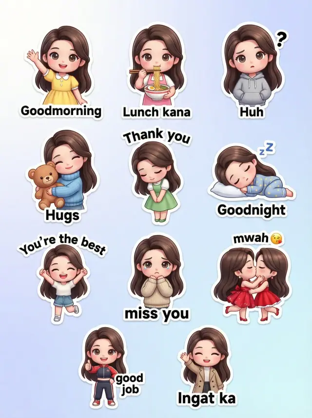 Create a 3D kawaii 10:16 canvas featuring nine chibi-style stickers in various outfits, poses, and expressions. Use the attached image for reference. Each sticker has a white border and includes a speech bubble with phrases like "Goodmorning", "Lunch kana", "Huh", "Hugs", "Thank you", "Goodnight", "You're the best" "miss you" "mwah 😙" "good job" and "Ingat ka". Set on a soft white-to-pastel blue gradient background for a fun, positive vibe.