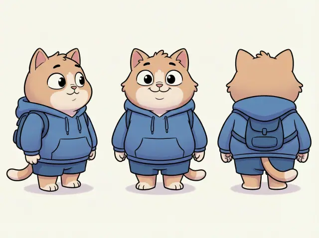 A cute anthropomorphic cat in triple view: front-left, front, and back. Standing upright with a plump body, expressive face, and wearing [clothing/style]. Cartoon mascot in 2D animation style, clean bold lines, flat shading with subtle gradients, soft outlines, and a light neutral background.