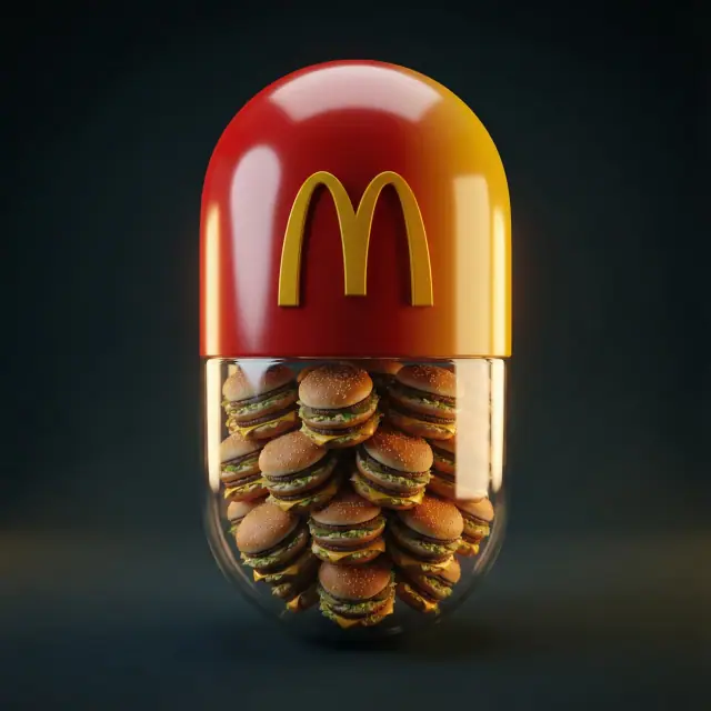 Create a hyper-realistic 3D render of a large capsule-shaped container. The top half is solid and glossy in McDonald's signature colors, featuring the official McDonald's logo prominently. The bottom half is transparent, revealing multiple miniature McDonald's Big Mac burgers neatly packed inside. Set against a dark background with cinematic lighting and soft reflections to create a premium, surreal advertising aesthetic. Ultra-detailed, professional product render style. 1080×1080 dimension.