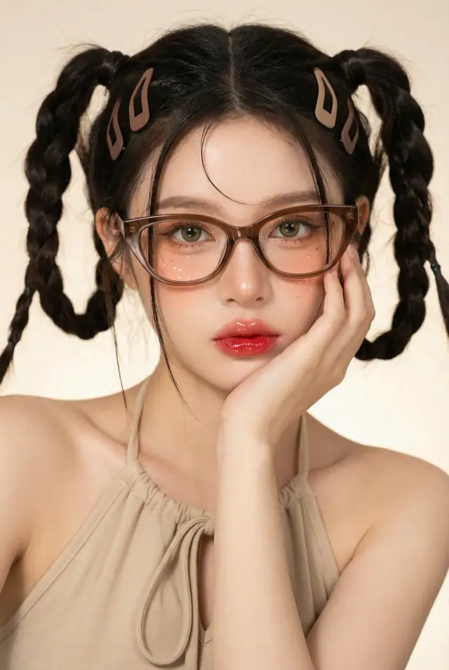 Using the exact facial features from the attached image
Create an hyperrealistic and high quality close-up portrait of a styling young woman, her dark thick long hair styled in twin high artistic braids that falls over her ears, few loose trendils clipped using a different style matte brown statement hair clips, with few loose strands falls across and frames her face, wearing a drawstring halter top, a thick-frame brown cat-eye eyeglasses slightly lowered, soft hazel nut eyes, glossy red pouty lips, peached dewy blush and soft warm tone eyeshadows with a little bit shimmers and glitters on her cheeks and under her eyes, artistic brown eyeliner, natural dewy skin, head slightly tilted, relaxed and confident gaze hand-on-cheek pose, minimalistic background, warm beige and brown tones, bright and harsh illumination coming from the camera highlighting the texture of her figure, soft studio background lighting, K-fashion editorial aesthetic, Seoul street style influence, hyper-detailed face texture, cinematic tone, 85mm lens photography, Vogue Korea vibe, stylish and modern mood